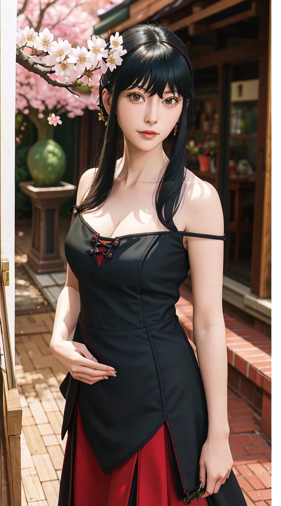 yor, Mature female, bangs, side locks, Red eyes, Black hair, hair adornments,sportrait, (face:1.2), schoolgirls, ssmile,bare shoulders, Black hair, cherry blossom, cleavage, (gown:1.21), clavicle, Willow Branch, (masterpiece best quality :1.2),
