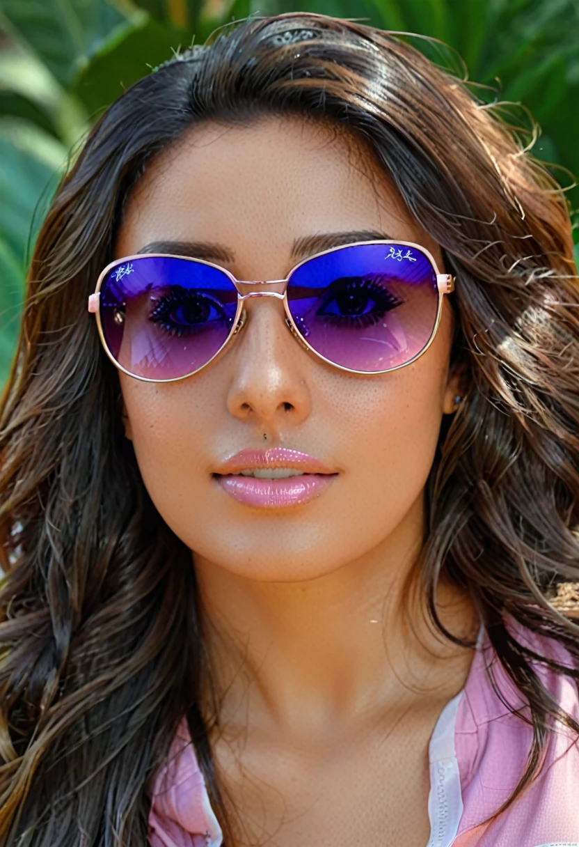araffe woman with long dark hair wearing sunglasses and a pink top, beautiful model girl, beautiful girl model, violet myers, attractive girl, with sunglass, cute woman, with sunglasses, beautiful mexican woman, attractive and beautiful, attractive pose, attractive woman, cute beautiful, attractive beautiful face, woman model, beautiful model, girl with glasses, Best picture quality, masterpiece, ultra high resolution, 8k, cleavage, big , bust detail, hair detail, eye detail, sharp eyes, thin smile, professional lighting