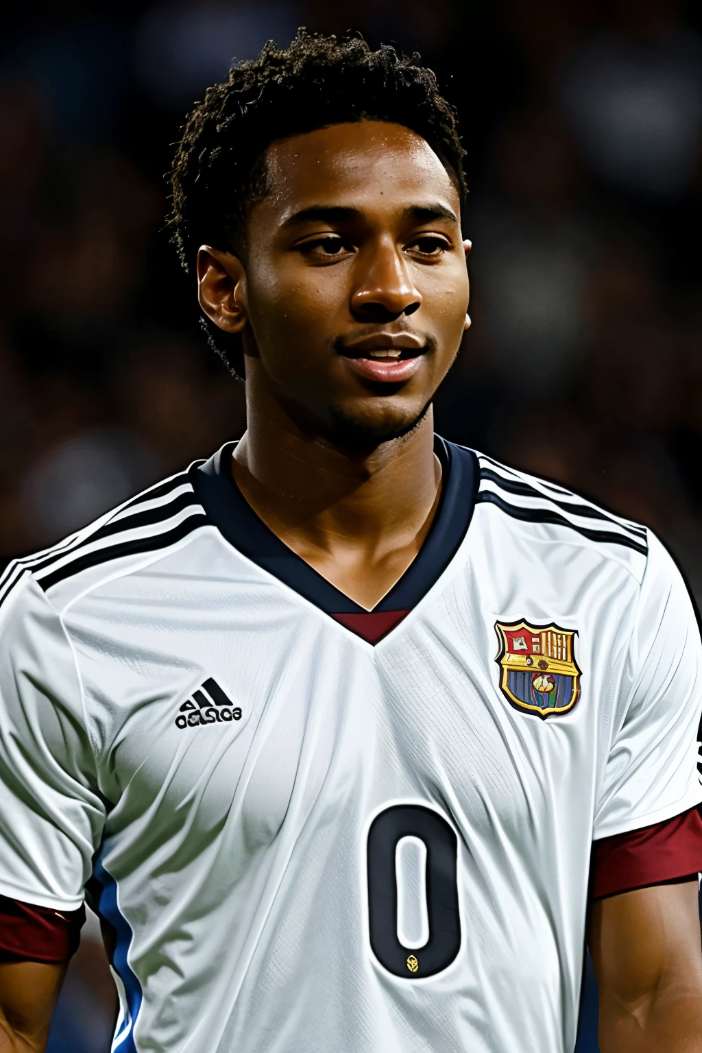 Dark-skinned boy with short straight hair combed to the left side in the middle of Messi and Natanael gray-haired sub-realistic anime version 