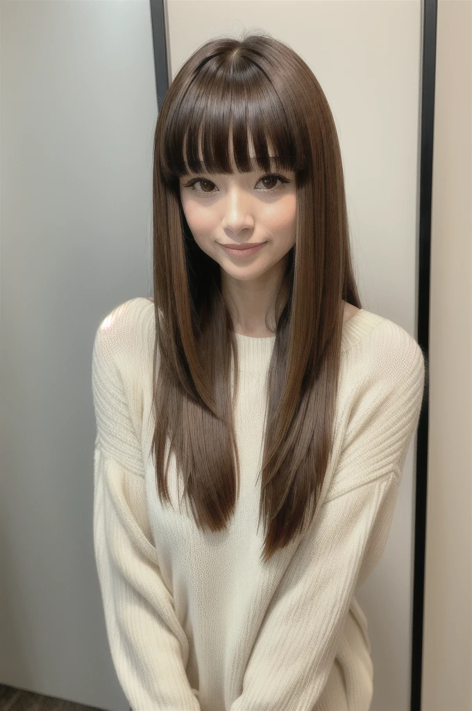 arafed woman with long brown hair and bangs wearing a white sweater, Hime cut, neat hair with bangs, long hair with full bangs, long hair with bangs, brown hair and bangs, middle length hair, mid - length hair, brown long hair with bangs, hair : long brown, shoulder - length hair, shoulder-length hair, 茶色の前hair