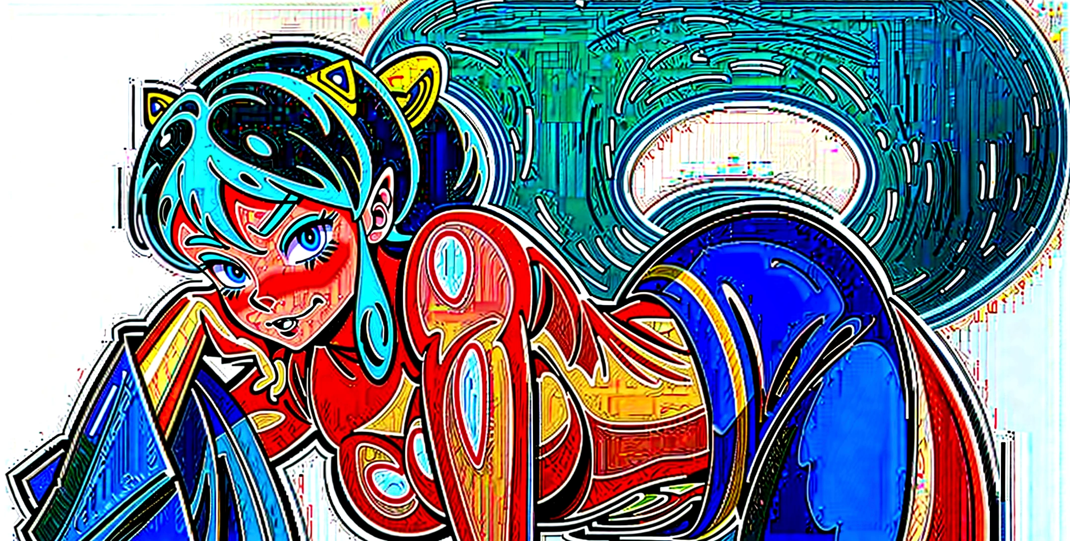 (score_9, score_8_up, score_7_up), lum, solo, long hair, bangs, green hair, blue eyes, aqua hair, tiny horns, eyeshadow, breasts, small breasts, looking at viewer, blush, teasing smile, fang, tilt head, (masterpiece), perfect sexy female body, (sexy and seductive pose:1.3), medieval Japanese street, mountain, Mount Fuji, hair between eyes, (hair ornament:1.2), hairclip, sidelocks, riding, business suit, strapless, black pants, white collared shirt, kanedabike, yellow tiger-stripped bigscooter, painterly, jhyd style, from side, chinese clothes, high resolution,