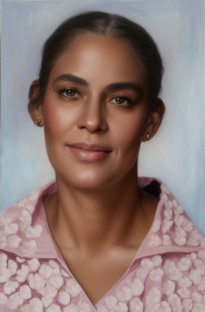 there is a painting of a woman in a pink shirt, detailed colorized portrait, colorized portrait, realistic restored face, detailed portrayal, true-to-life portrayal, digitally painted, painted portrait, transformation portrait, realistic studio portrait, real life portrait, realistic female portrait, photo true-to-life portrayal, matte painting digital, a colorized photo, inspired by Maria Helena Vieira da Silva, true-to-life portrayal photo