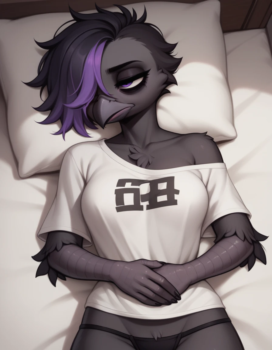 score_9, score_8_up, score_7_up, sera, black avian, purple eyes, tired eyes, bags under eyes, puffed up feathered chest fluff, messy black hair, female, lying ln a messy bed, from above, hair covering one eye, an alarm clock next to her bed on a nightstand, pained expression, wearing only an oversized large white t shirt, exposed shoulder, black thong, sprawled out on the bed