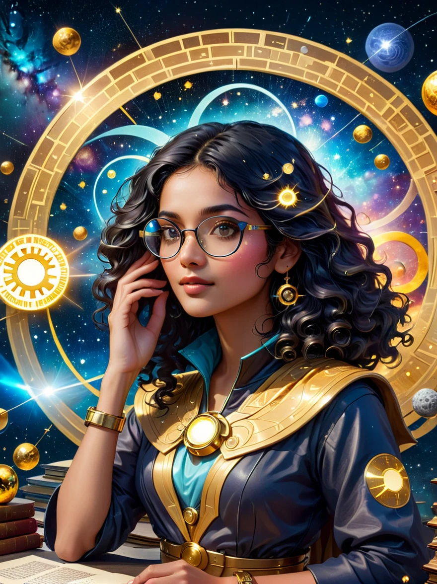 An astrologer from the future, peering into a golden astronomy tool against the backdrop of a starry sky. The astrologer, a South-Asian woman with long, curly, black hair and glasses, is gazing at a holographic representation of a cryptocurrency symbol floating and glowing. She's wearing a shimmering, futuristic outfit that resembles traditional stargazer attire. Her desk is cluttered with ancient astrology books contrasted with highly advanced tech gadgets. This image captures the fascinating clash of tradition and future.