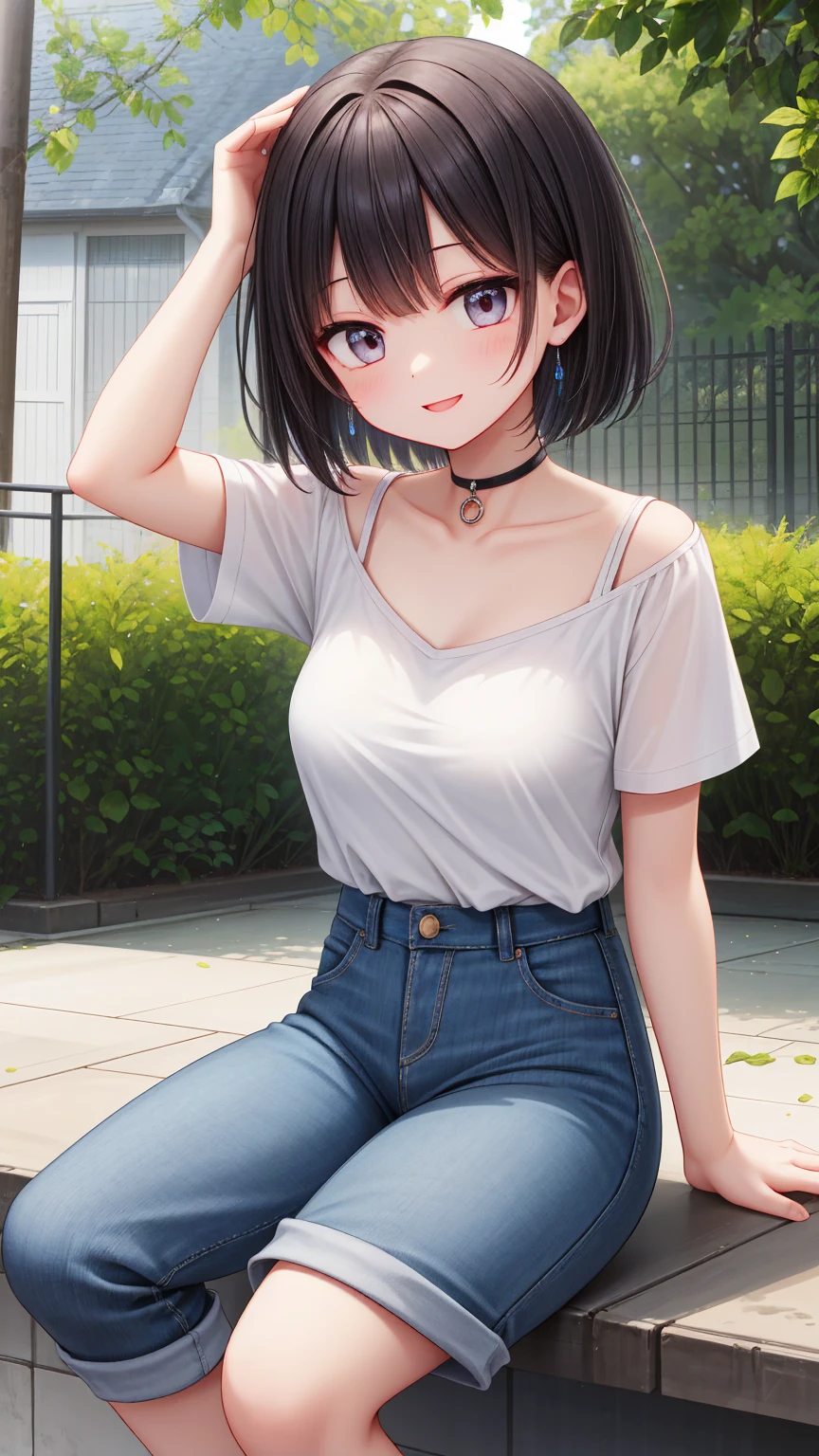 Girl、Black Hair、short hair、Short sleeve、denim、summer、smile