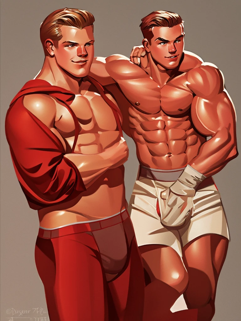 Illustration in Leyendecker style: Christopher Egan, 22 years , plays a muscular boxer in the ring. Wearing only red panties, big dick, boner, bulge in panties