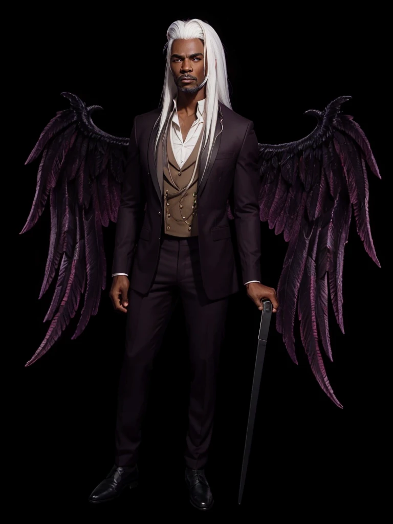 A very strong black gentleman, with straight white hair, white eyebrows, barbas brancas, with burgundy wings