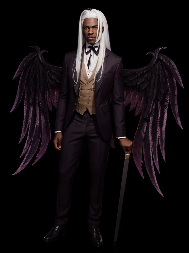 A very strong black gentleman, with straight white hair, white eyebrows, barbas brancas, with burgundy wings
