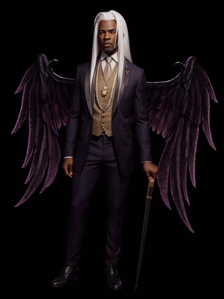A very strong black gentleman, with straight white hair, white eyebrows, barbas brancas, with burgundy wings 