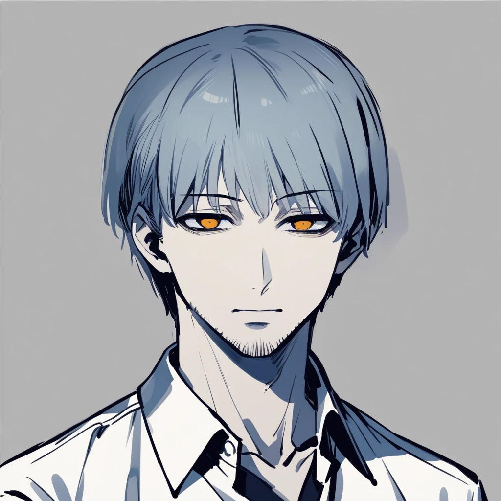 ((masterpiece)), ((1boy)), ((Gray short-haired)), ((Golden Eyes)), ((empty eyes)), (Low spirits), (Expressionless), ((Stubble on chin)), (31 years old), (Police inspector), Male characters from Majin Tantei Nougami Neuro, ((Eiji Sasazuka))