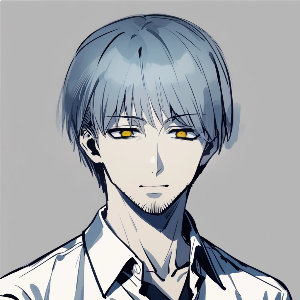 ((masterpiece)), ((1boy)), ((Gray short-haired)), ((Golden Eyes)), ((empty eyes)), (Low spirits), (Expressionless), ((Stubble on chin)), (31 years old), (Police inspector), Male characters from Majin Tantei Nougami Neuro, ((Eiji Sasazuka))