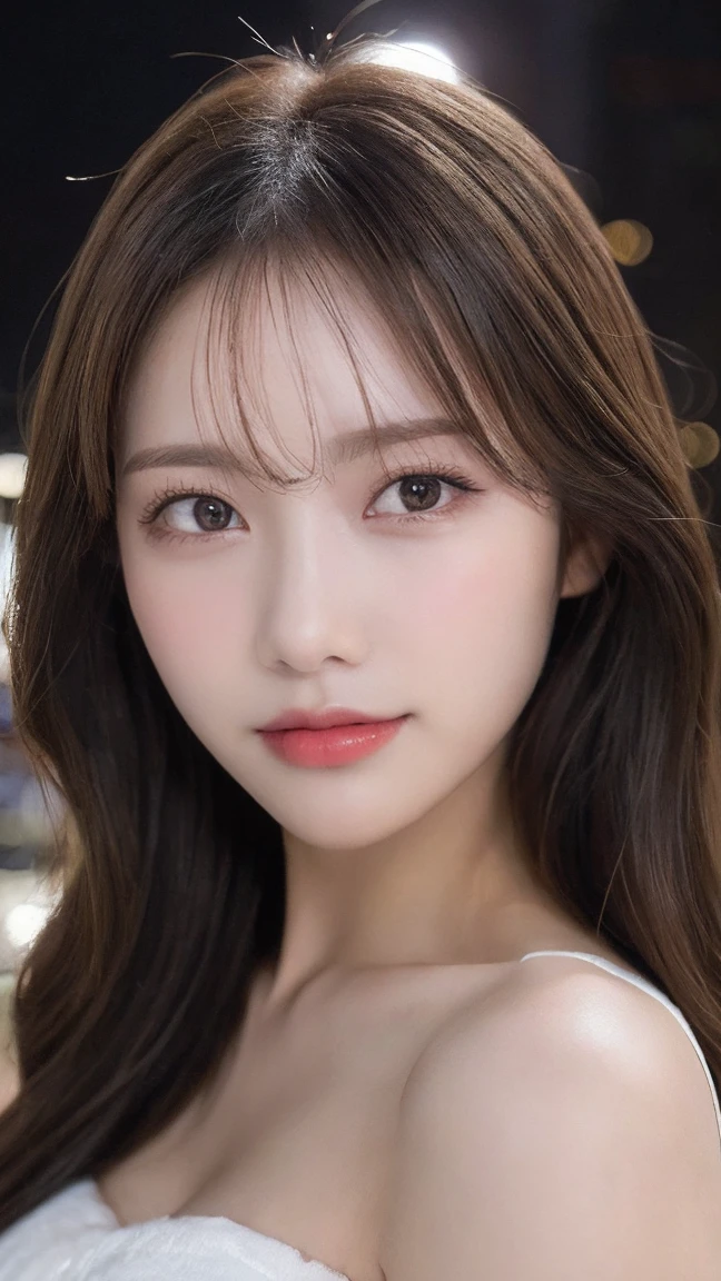 Body Portrait, 8K, Narrow and beautiful eyes, Dindal effect, masterpiece, 最high quality, high quality, High resolution, Highly detailed photos, (Natural skin texture, Fine skin, Hyperrealism, Ultra Sharpness), Skin with attention to detail, (Very fine, Fine skin texture, Intricate details, Beautiful Face, (Realistic Face), Realistic eyes, Beautiful and detailed, Realistic Skin, Beautiful Skin, Surreal, Highly detailed golden ratio, Smiling Eyes, ((Night moonlight background) )), Body Portrait, G-Cup, Big Breasts, Huge breasts, Big Breasts, glamorous, sexy knit dress,