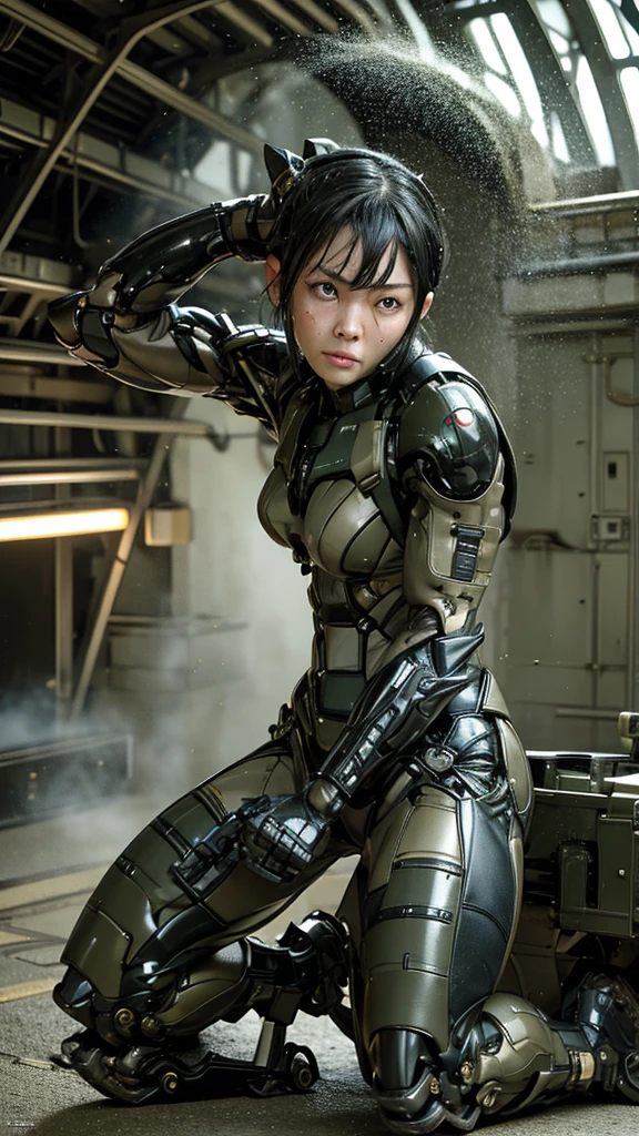 最high quality非常に詳細, Advanced Details, high quality, 最high quality, High resolution, 1080P, hard disk, beautiful,(War Machine),(Snug-fitting headgear),See the big picture,beautifulサイボーグ女性,Dark Green Mecha Cyborg Girl,Battle Mode,Mecha Body Girl　8k dark green body armor　((Japanese middle-aged women))　Sweaty face　Sweaty hair　Brown eyes　Droopy eyes　short hair　　boyish　Steam coming out of my head　My hair is wet with sweat　Black Hair, Steam coming out of the mouth　Lying in bed　The skin under the face is not exposed　waiting　(On all fours)　asphyxia　(Painful expression) Full body portrait