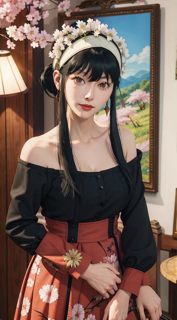yor, Mature female, bangs, side locks, Red eyes, Black hair, hair adornments,sportrait, (face:1.2), schoolgirls, ssmile,bare shoulders, Black hair, cherry blossom, cleavage, (gown:1.21), clavicle, Willow Branch, (masterpiece best quality :1.2),