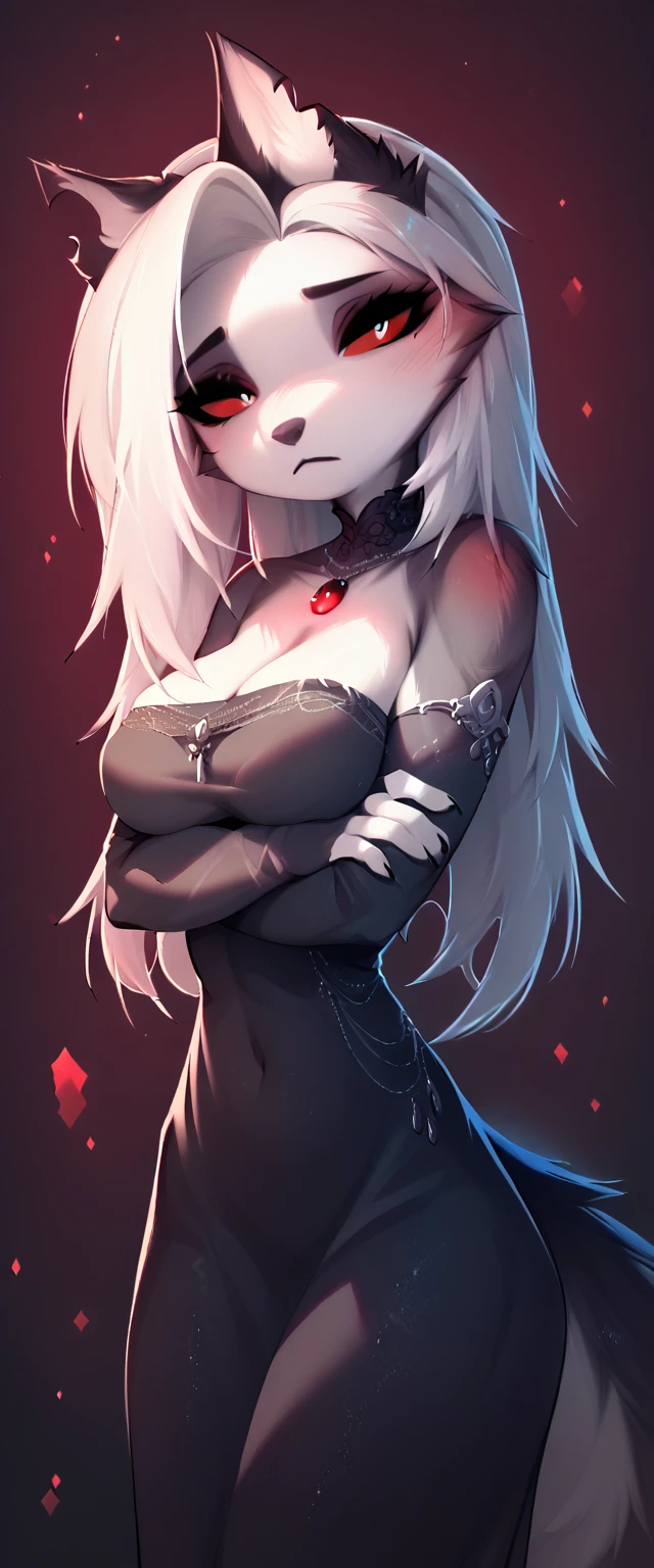 An adult woman half fox and wolf, wide breasts, red eyes, white hair, very shy, with an open little black dress