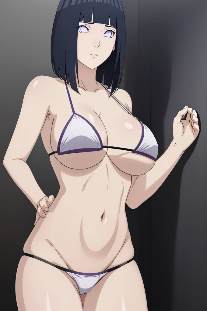 masterpiece, (intricate details), (colorful),cinematic lighting,extremely detailed CG unity 8k wallpaper ,hinata\(boruto\), 1girl,solo, large breasts, (hinata, hyuuga hinata, purple eyes, blunt bangs, black hair) big breasts, perfect breasts, large breasts, round breasts, sexy body, slim waist, nice hips, skinny, nice thighs, thick thighs, black bra, cleavage, bare shoulders, collarbone, underboob, slim waist, white bikini, bikini, swimsuit, small bikini, plain background, cowboy shot, body shot, front shot, full body, white backdrop, perfect eyes, glowing eyes, beautiful eyes, black background, simple background, no background , body shot, hands on hip