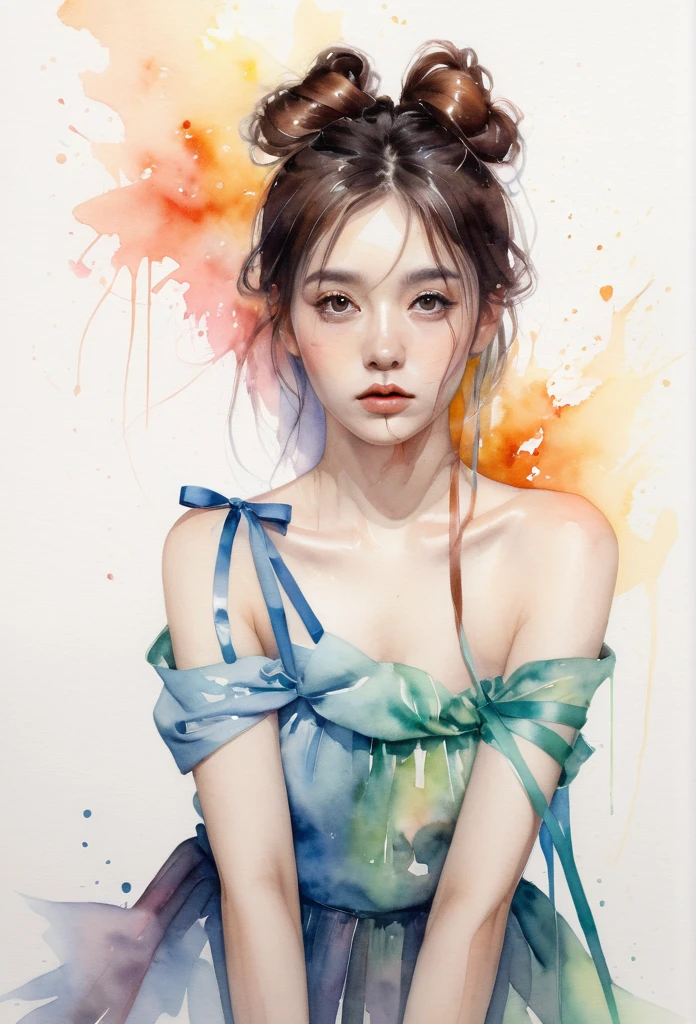 (8K, best quality, masterpiece:1.2),(best quality:1.0), (ultra highres:1.0), watercolor, a beautiful woman, shoulder, hair ribbons, by agnes cecile, half body portrait, extremely luminous bright design, pastel colors, (ink:1.3), autumn lights,Brown Hair Sitting with your knees upright 目を閉じている