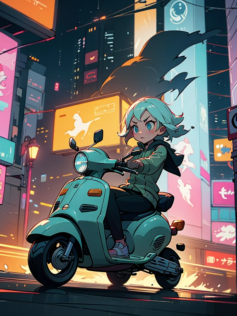 a girl rushes on a scooter through the city at night, deftly maneuvering between passers-by. The lights of the night city flicker around: car headlights, shop windows,
