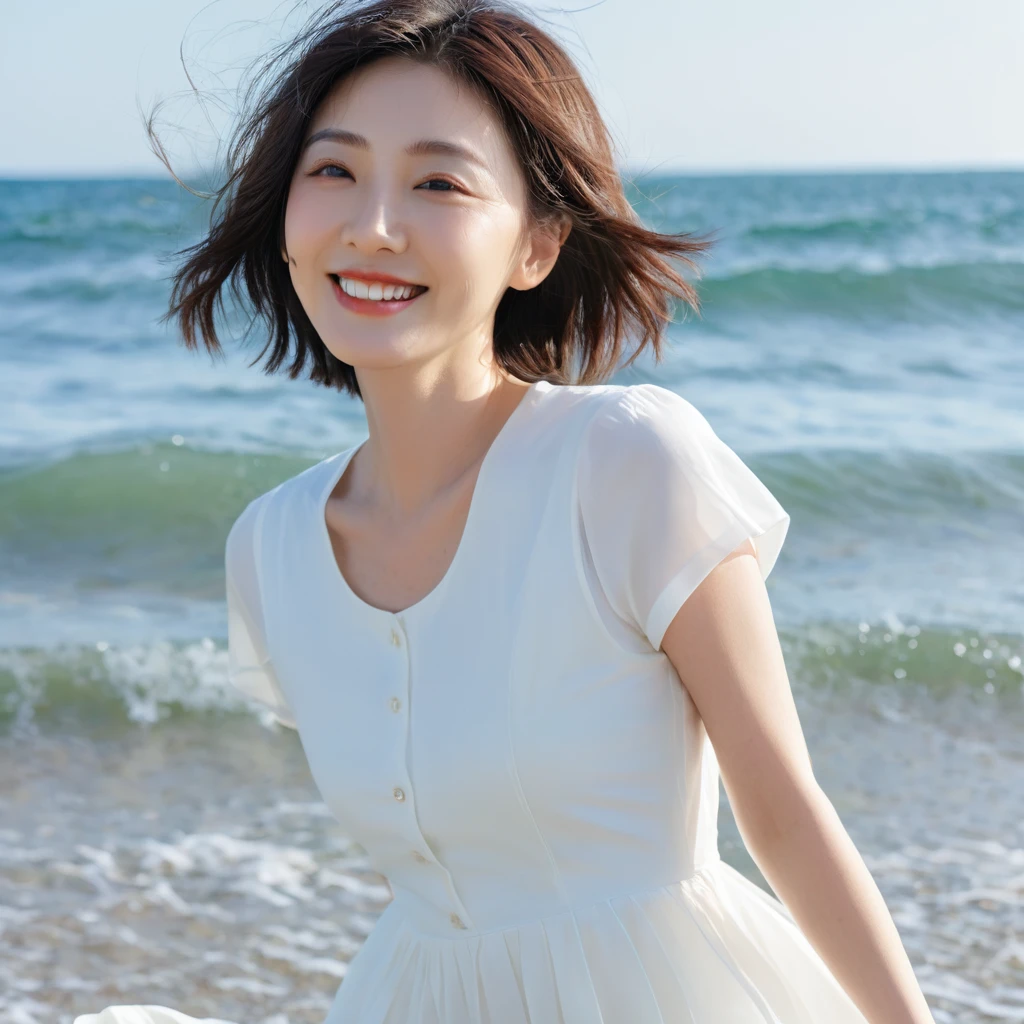 blue sky light，beach with waves, Beautiful 36-year-old short Korean woman, Chest size 34 inches, Wear white short sleeves and sleeveless tops, lightweight mid length skirt. beautiful pretty woman look , wearing a light skirt , Go far into the sea water and dip your toes., Short medium hair blowing in the wind, 1 woman, beautiful eyes, Smiling, Full-body photo taken from afar with a wide-angle lens, The background is clean and perfect., the waves are coming, short woman