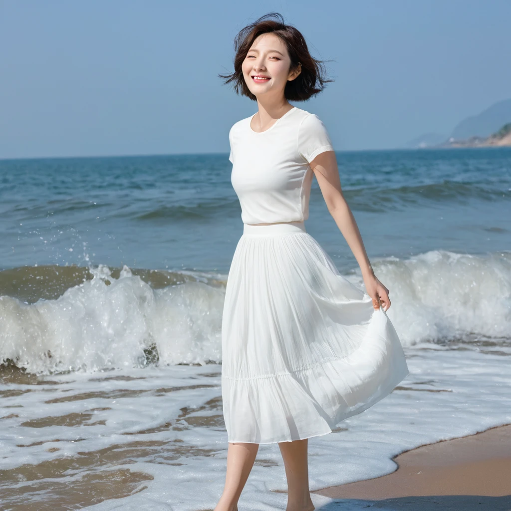 blue sky light,beach with waves, Beautiful 36-year-old short Korean woman, Chest size 34 inches, Wear white short sleeves and sleeveless tops, lightweight mid length skirt. beautiful pretty woman look , wearing a light skirt , Go far into the sea water and dip your toes., Short medium hair blowing in the wind, 1 woman, beautiful eyes, Smiling, Full-body photo taken from afar with a wide-angle lens, The background is clean and perfect., the waves are coming, short woman