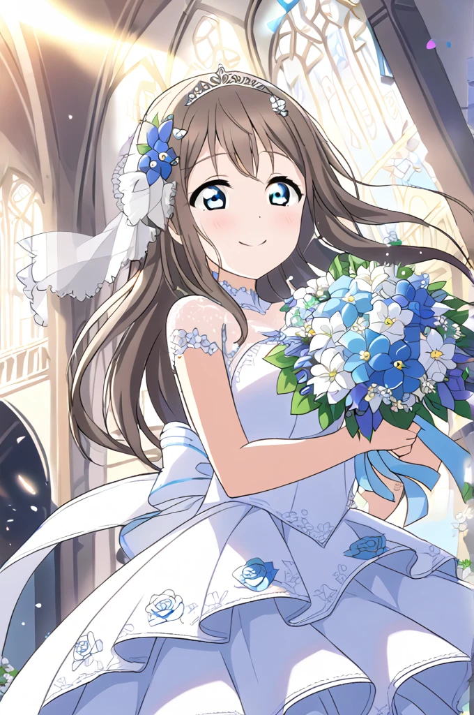 Sakurazaka Shizuku　Black brown hair　Long Hair　Light blue eyes　whole body　White Wedding Dress　High quality　Light blue flower bouquet　smile　Light blue flower decoration　Large breasts　Light blue floral hair ornament　Outside the church　Sunny sky　Shining　Tears of joy　tears