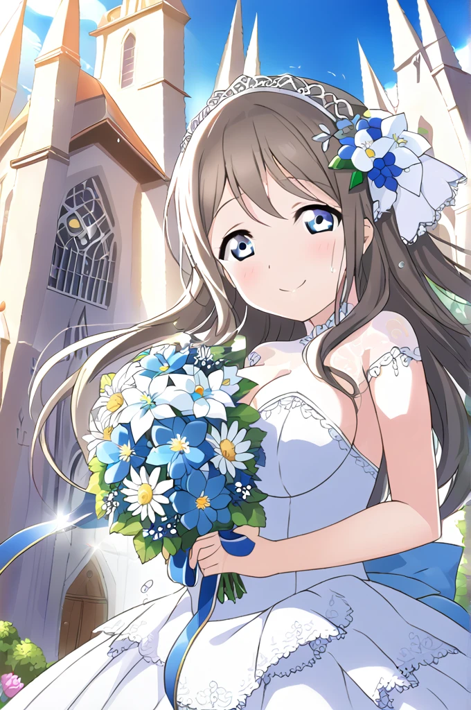 Sakurazaka Shizuku　Black brown hair　Long Hair　Light blue eyes　whole body　White Wedding Dress　High quality　Light blue flower bouquet　smile　Light blue flower decoration　Large breasts　Light blue floral hair ornament　Outside the church　Sunny sky　Shining　Tears of joy　tears