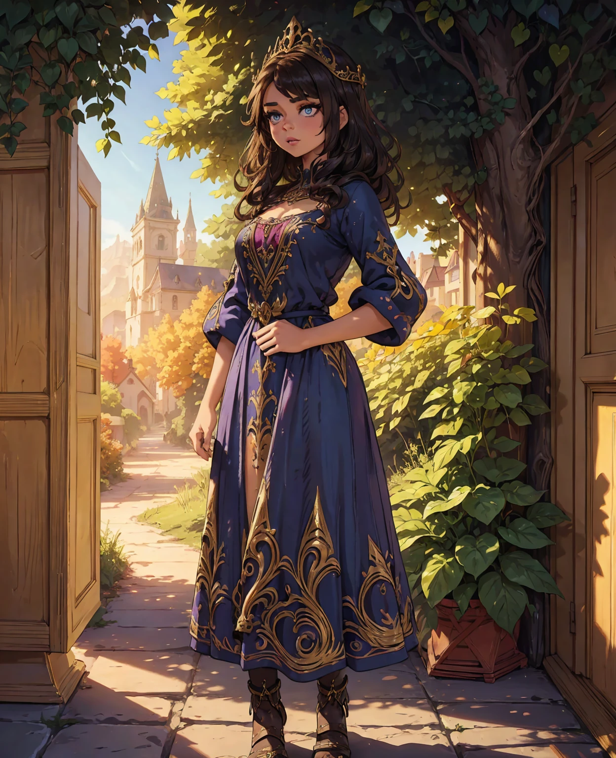 a peasant girl in a fantasy world, Sarah Hyland, detailed face and eyes, beautiful ornate dress, flowing hair, standing in a medieval village, sunlight streaming through trees, vibrant colors, cinematic lighting, digital painting, concept art style, highly detailed, 8K, photorealistic