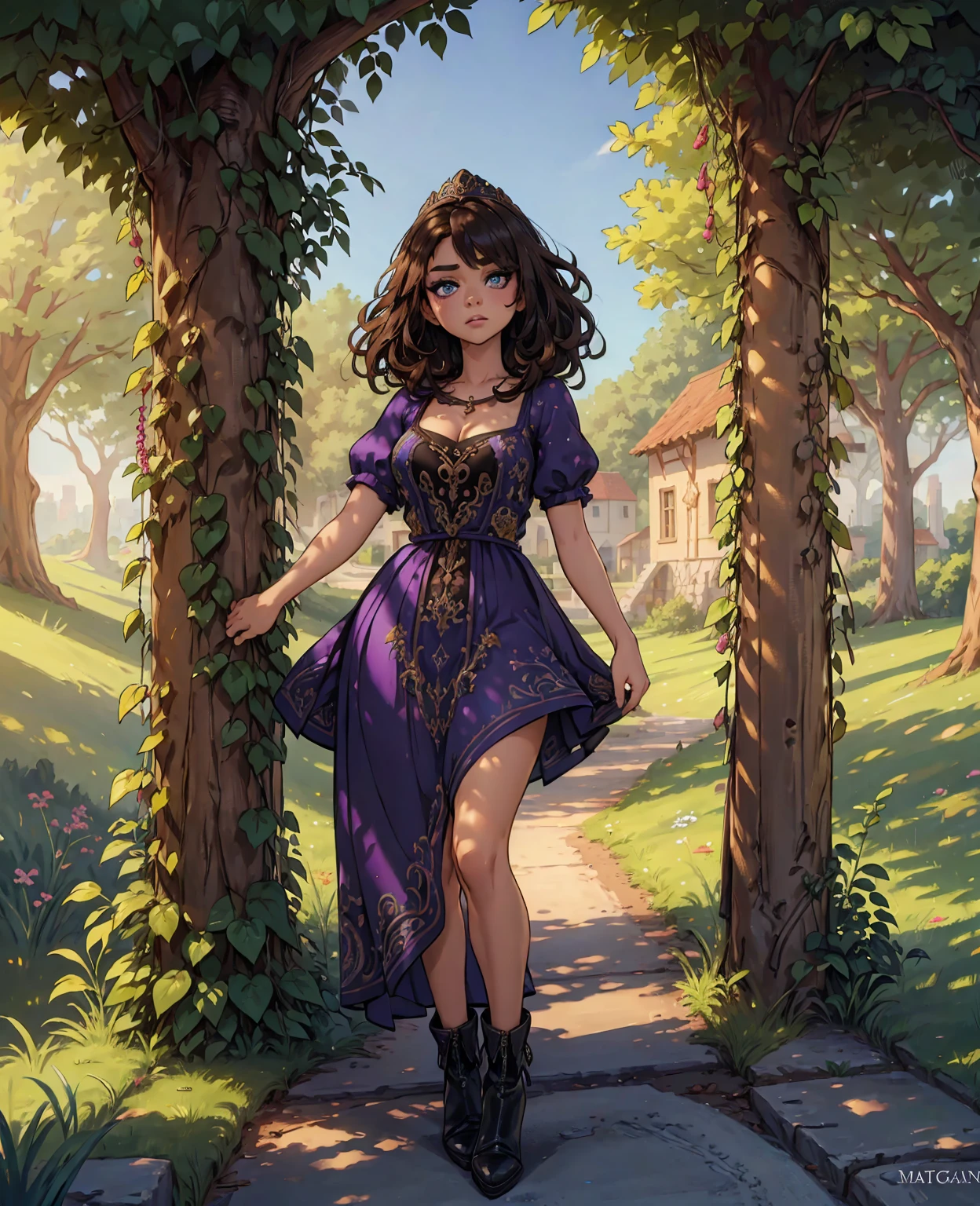 a peasant girl in a fantasy world, Sarah Hyland, detailed face and eyes, beautiful ornate dress, flowing hair, standing in a medieval village, sunlight streaming through trees, vibrant colors, cinematic lighting, digital painting, concept art style, highly detailed, 8K, photorealistic