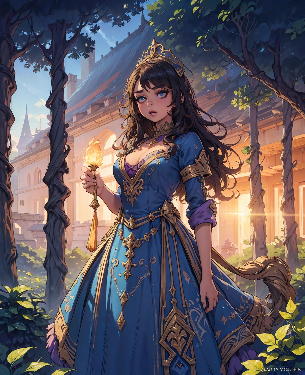 a peasant girl in a fantasy world, Sarah Hyland, detailed face and eyes, beautiful ornate dress, flowing hair, standing in a medieval village, sunlight streaming through trees, vibrant colors, cinematic lighting, digital painting, concept art style, highly detailed, 8K, photorealistic