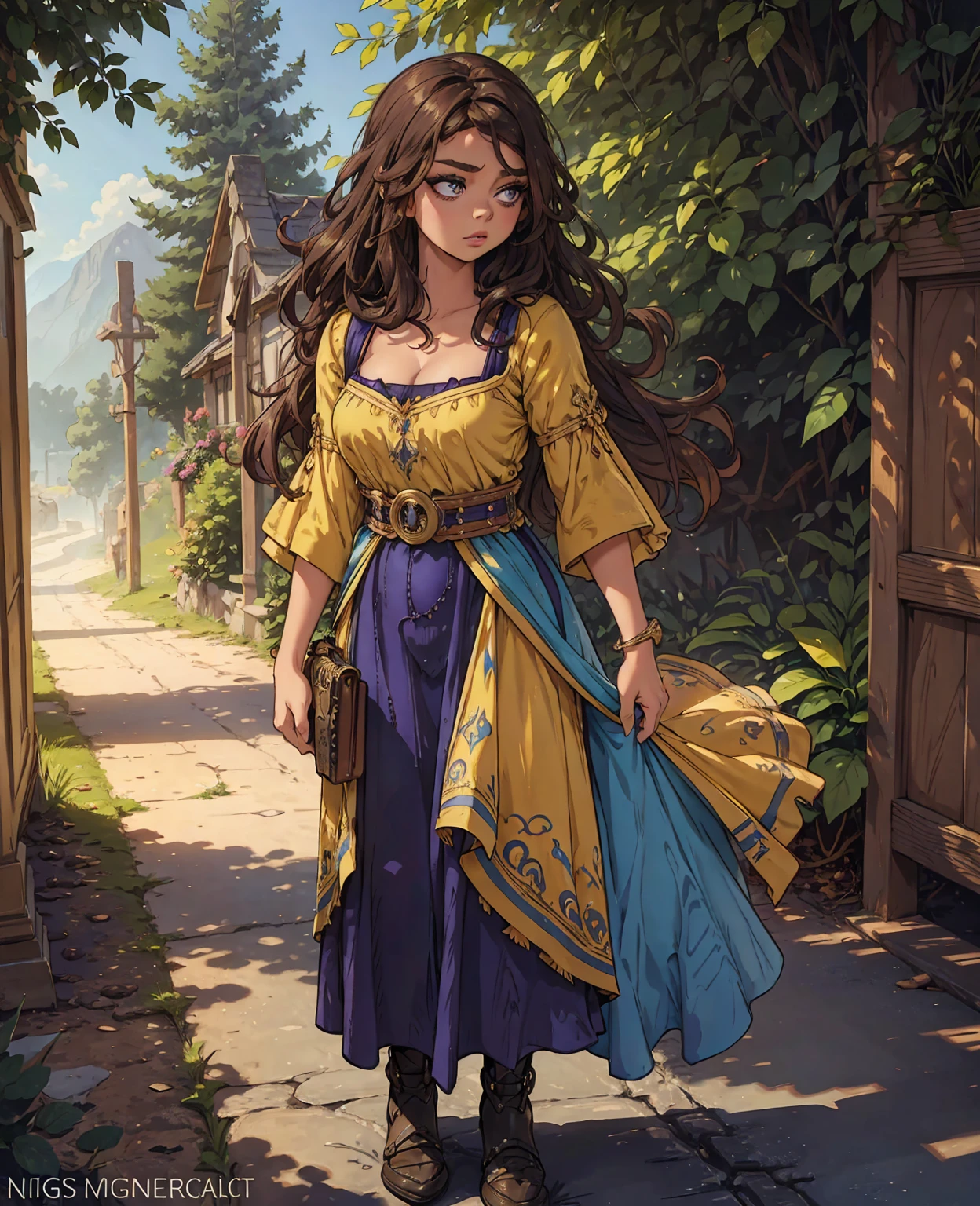 a peasant girl in a fantasy world, Sarah Hyland, detailed face and eyes, beautiful ornate dress, flowing hair, standing in a medieval village, sunlight streaming through trees, vibrant colors, cinematic lighting, digital painting, concept art style, highly detailed, 8K, photorealistic