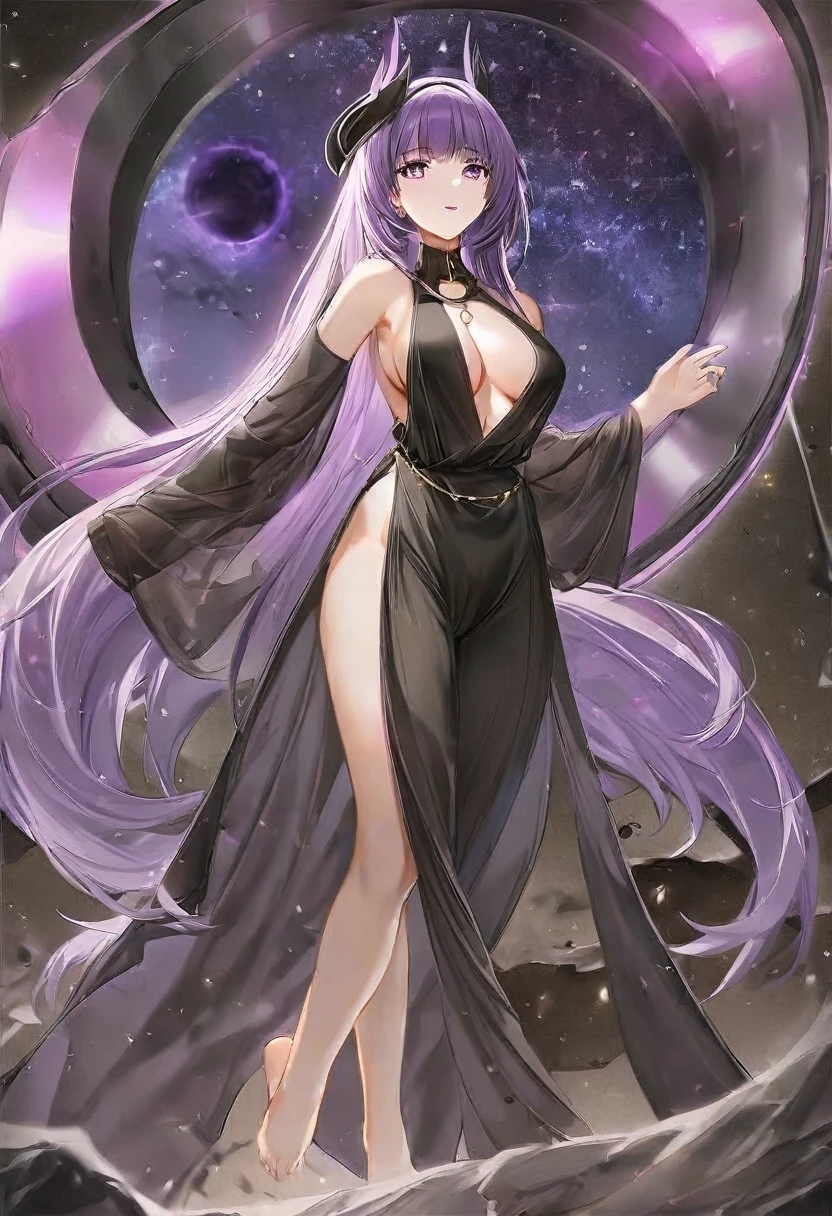 Athena，Extra long purple hair，Purple Eyes，Black one-piece dress，The long jumpsuit is very sexy，barefoot，A black hole in the background universe，Purple black hole