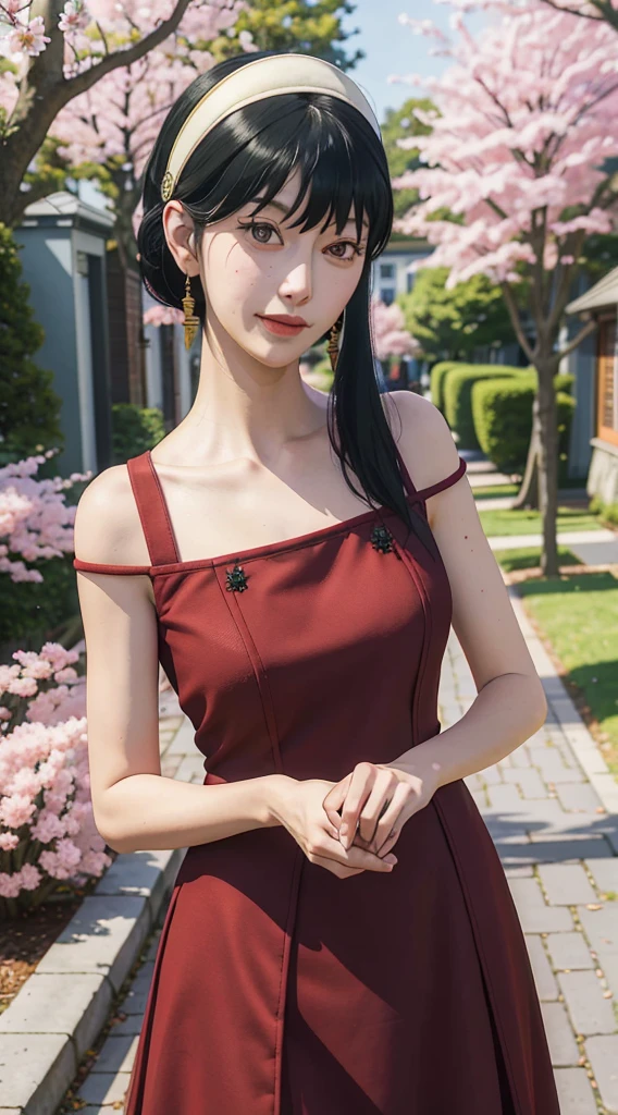 yor, Mature female, bangs, side locks, Red eyes, Black hair, hair adornments,sportrait, (face:1.2), schoolgirls, ssmile,bare shoulders, Black hair, cherry blossom, cleavage, (gown:1.21), clavicle, Willow Branch, (masterpiece best quality :1.2),