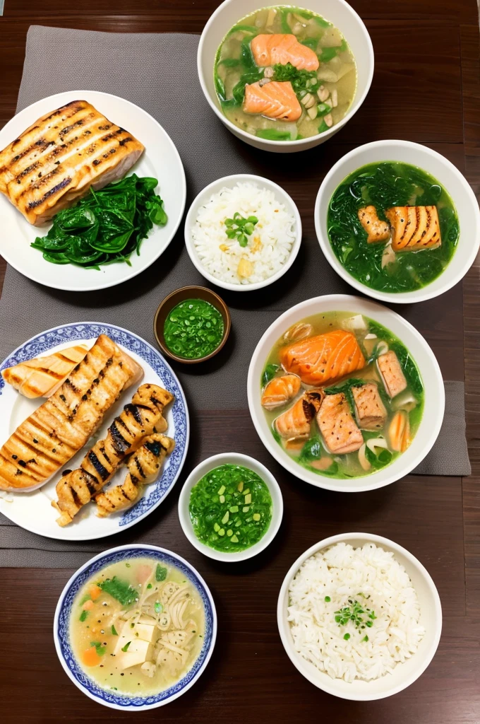 cooked rice、Onion and spinach miso soup、Grilled salmon、Tamagoyaki