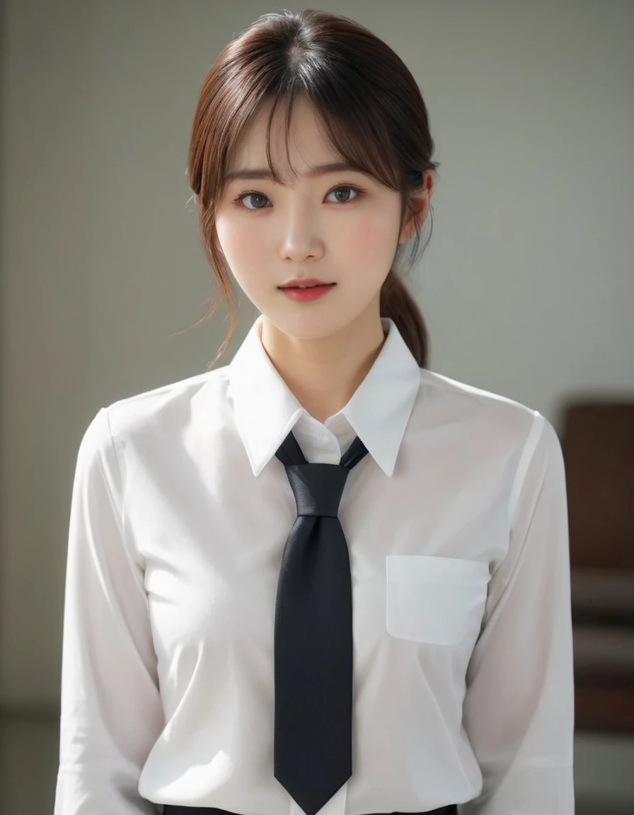 Best Quality, 8k, Masterpiece, Full Body Photo, Focus Clear, Beauty with Outstanding Style, Highly Detailed Face and Skin Texture, Detailed Eyes, Double Eyelids, Office, Full Body, Short Hair, Big, See-through, White Business Shirt, Black Skirt