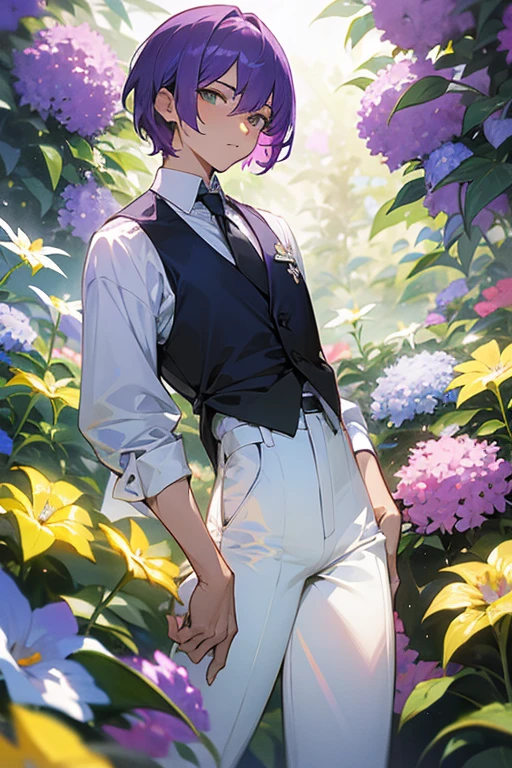 man,short straight purple hair,white shirt,black tie,
,yellow vest,white tight transparent pants,flower garden,