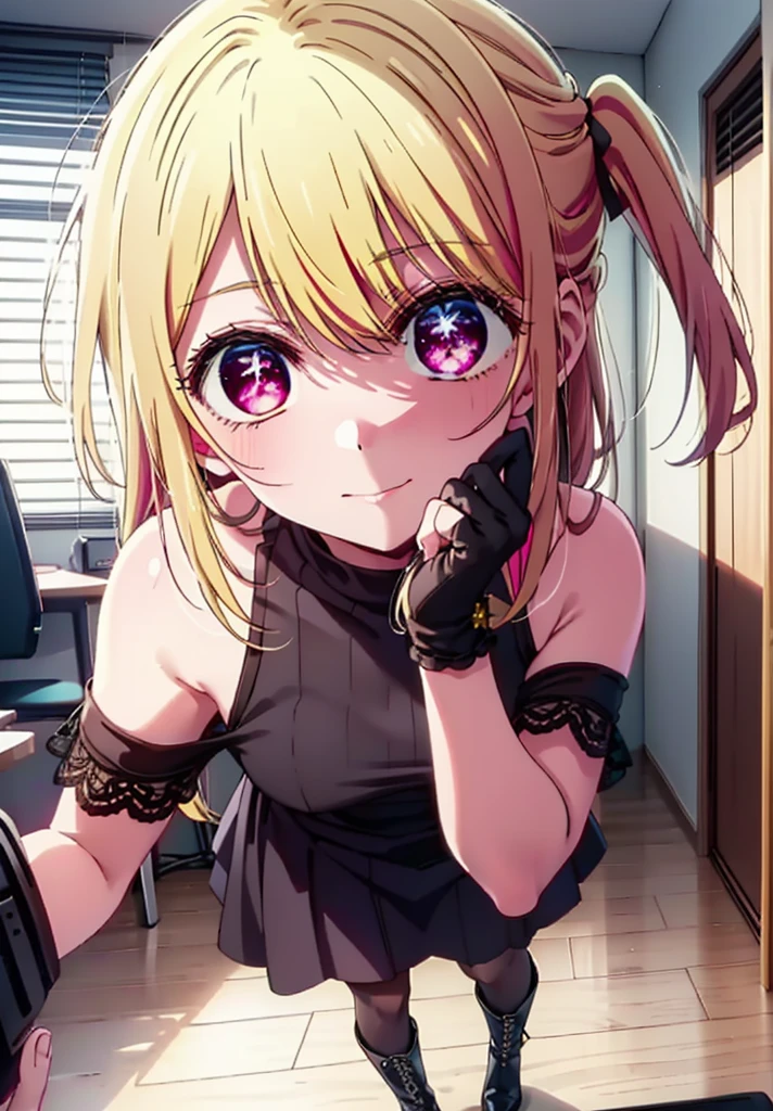 rubyhoshino, Hoshino Ruby, Long Hair, bangs, Blonde, (Pink Eyes:1.3), (Symbol-shaped pupil:1.5), Multicolored Hair, Two-tone hair, happy smile, smile, Close your mouth,
break, Cold Shoulder Shirt,Short sleeve,Long skirt,Black pantyhose,short boots,There is a computer on the table,Walking,interior,whole bodyがイラストに入るように,Daytime,Clear skies,
break indoors, office,
break looking at viewer, whole body,
break (masterpiece:1.2), Highest quality, High resolution, unity 8k wallpaper, (figure:0.8), (Beautiful attention to detail:1.6), Highly detailed face, Perfect lighting, Highly detailed CG, (Perfect hands, Perfect Anatomy),