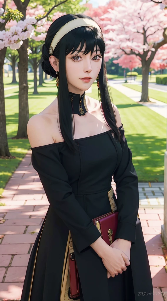 yor, Mature female, bangs, side locks, Red eyes, Black hair, hair adornments,sportrait, (face:1.2), schoolgirls, ssmile,bare shoulders, Black hair, cherry blossom, cleavage, (gown:1.21), clavicle, Willow Branch, (masterpiece best quality :1.2),