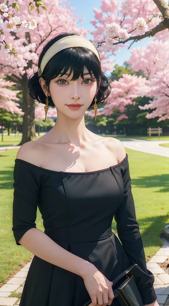 yor, Mature female, bangs, side locks, Red eyes, Black hair, hair adornments,sportrait, (face:1.2), schoolgirls, ssmile,bare shoulders, Black hair, cherry blossom, cleavage, (gown:1.21), clavicle, Willow Branch, (masterpiece best quality :1.2),