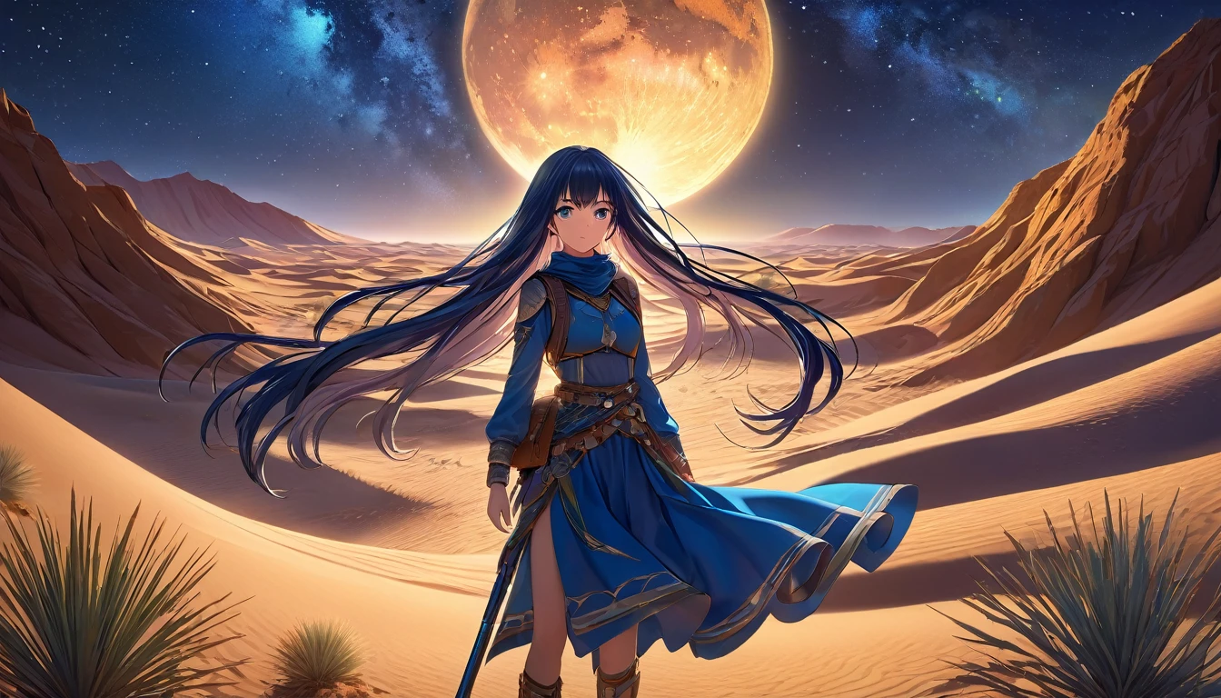 a detailed anime girl in desert landscape, long flowing hair, beautiful starry night sky, distant oasis, adventurer outfit, cinematic lighting, dramatic shadows, vibrant colors, highly detailed, intricate background, photorealistic, award winning digital art, 8k, masterpiece