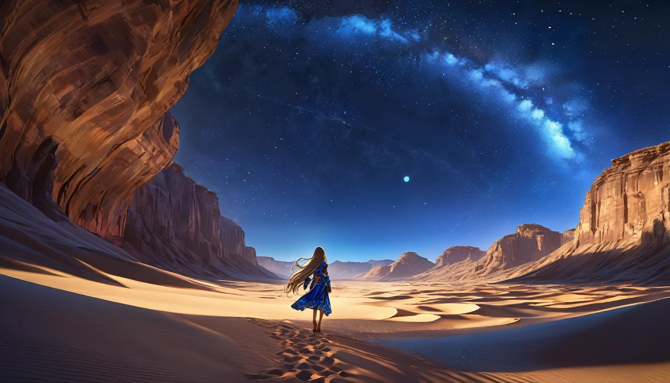 a detailed anime girl in desert landscape, long flowing hair, beautiful starry night sky, distant oasis, adventurer outfit, cinematic lighting, dramatic shadows, vibrant colors, highly detailed, intricate background, photorealistic, award winning digital art, 8k, masterpiece