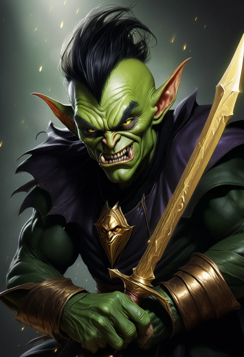 A bestiary illustration of a green goblin with golden eyes, wearing a black tunic, clutching a dagger, and having wrinkled skin and green fur. The goblin has a malevolent expression.