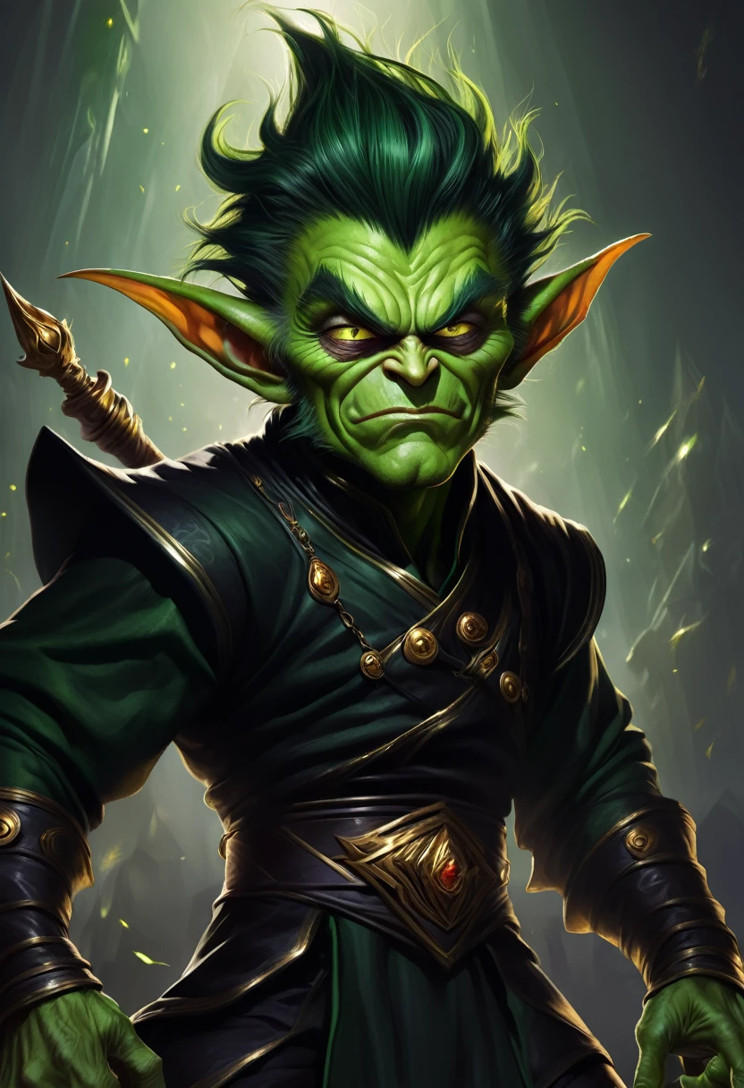 A bestiary illustration of a green goblin with golden eyes, wearing a black tunic, clutching a dagger, and having wrinkled skin and green fur. The goblin has a malevolent expression.