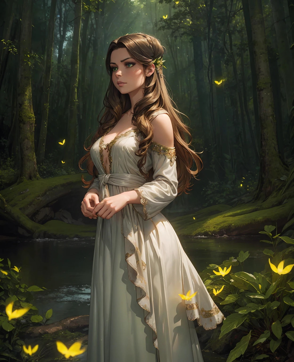 a beautiful woman with long brown hair, piercing green eyes, elegant facial features, wearing a flowing silver dress, standing in a mystical forest with glowing fireflies, soft ethereal lighting, fantasy landscape, intricate detail, cinematic composition, vibrant colors, dreamlike atmosphere, photorealistic, 8k, best quality, masterpiece