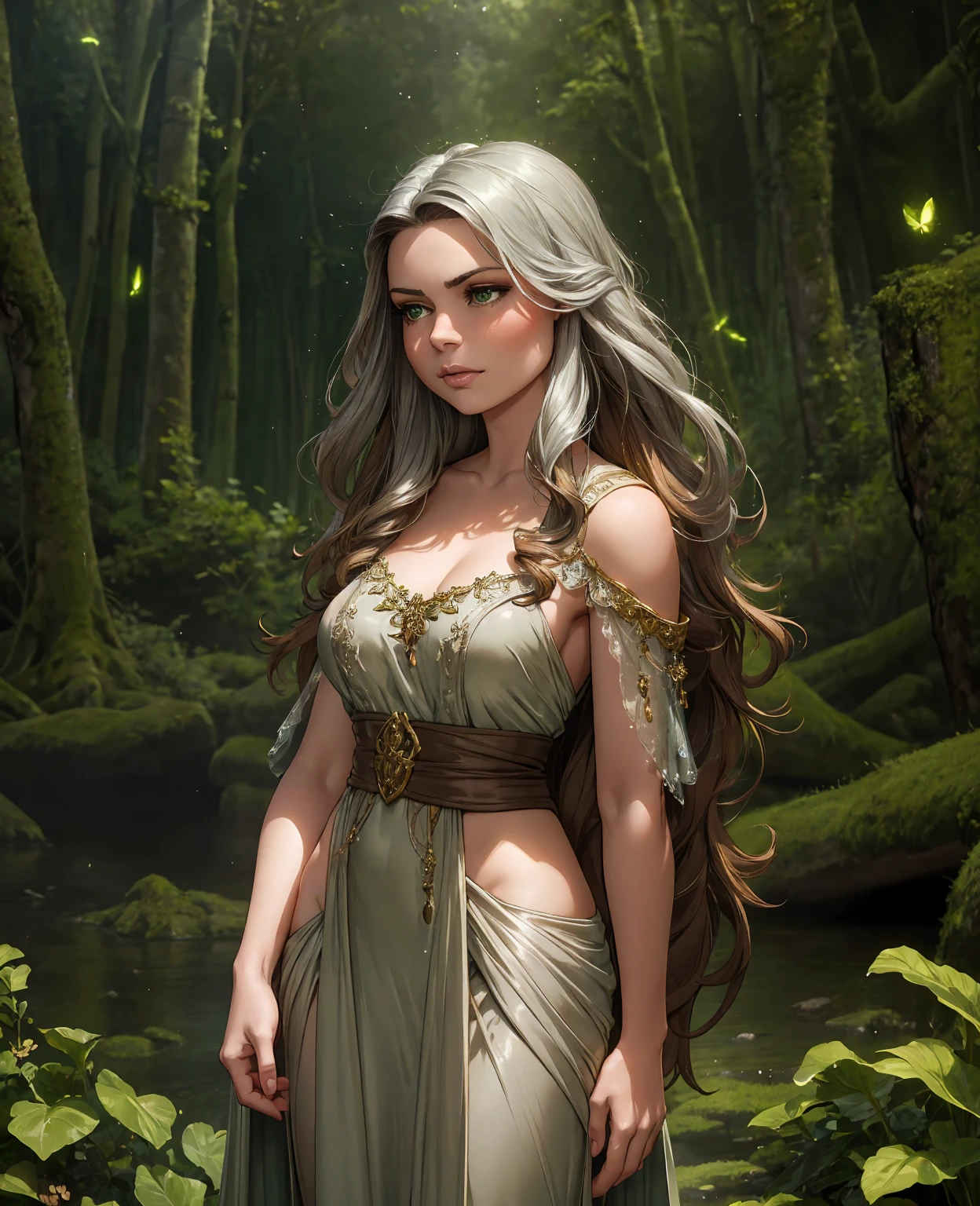 a beautiful woman with long brown hair, piercing green eyes, elegant facial features, wearing a flowing silver dress, standing in a mystical forest with glowing fireflies, soft ethereal lighting, fantasy landscape, intricate detail, cinematic composition, vibrant colors, dreamlike atmosphere, photorealistic, 8k, best quality, masterpiece