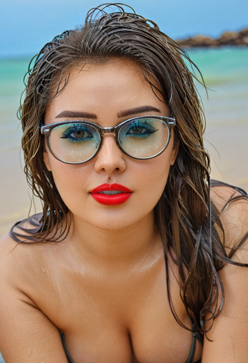 Beautifu girl wearing specs in tight wet metallic bikini and sitting at beach,looking at viewer and posing for fornt view, hot red lips, belly fat