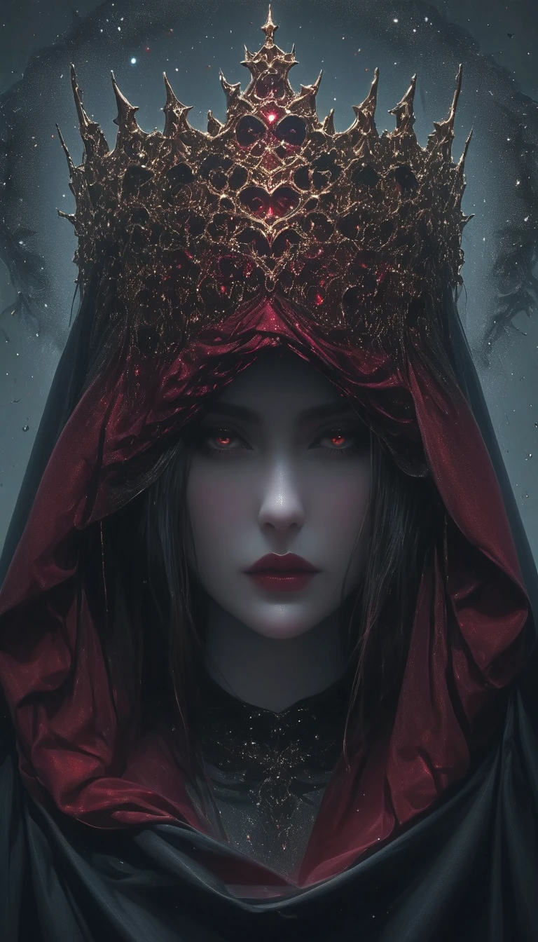 Create a captivating and mystical image featuring a cloaked figure with luminescent eyes, divining secrets from the stars.