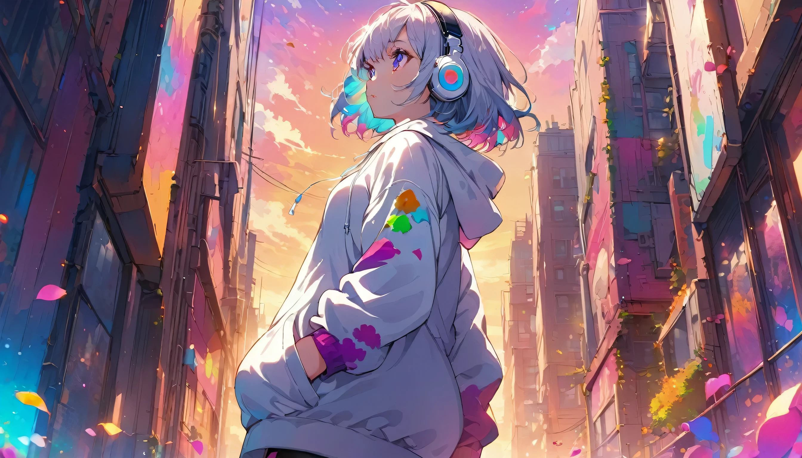 ((Masterpiece)), ((best quality)), (Anime:1.3), (super detail:1.2), (High Definition:1.3), (Professional Photography:1.3), cute young Girl, (Gazing into the distance:2), (Gazing skyward:2), (Her not looking at camera), Glossy unruly hair, (loose swept bangs), (silver ash hair), medium hair, big eyes, (Eye bags:1.3), (Long eyelashes), colorful eyes, (frown), Glossy lips, (jagged teeth), ((white hoodie with oversized)), barearms, cute, (hands in pocket), (colorful:1.3), gothic makeup, (walking around the City), colorful petals dance around her, beautiful sunset, wearing headphones, (shoot from side), (from below),