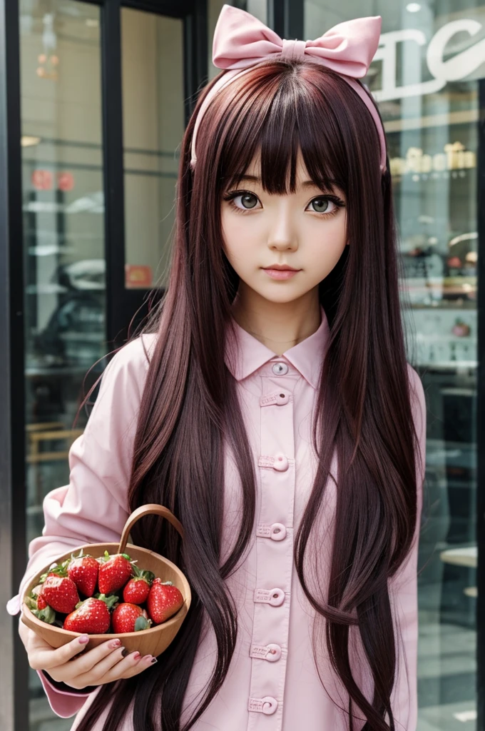 Cute girl anime character with pastel goth style with strawberries and brown Chinese hair 