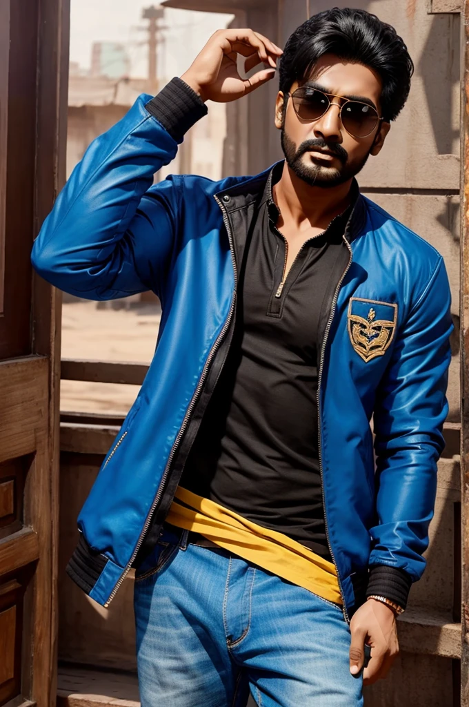 Ek boy studio mein baitha hai aur vah camere mein samne dekh raha hai aur jacket pahna hai Kala chashma pahna hai 3D animation se banaen
