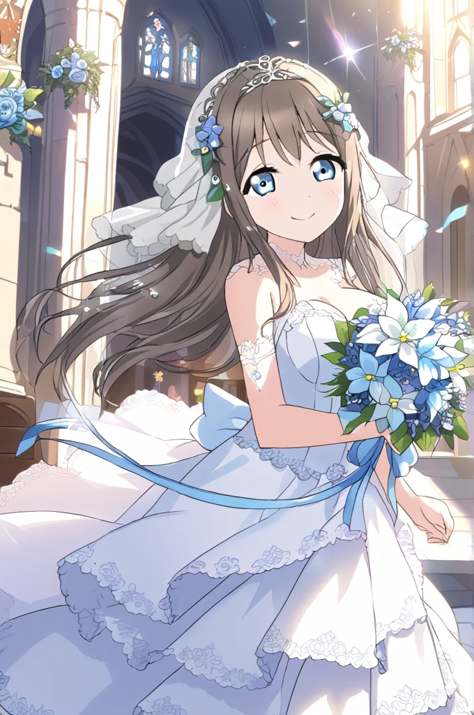 Sakurazaka Shizuku　Black brown hair　Long Hair　Light blue eyes　whole body　White Wedding Dress　High quality　Light blue flower bouquet　smile　Light blue flower decoration　Large breasts　Light blue floral hair ornament　Outside the church　Sunny sky　Shining　Tears of joy　tears　tearsを流して泣く